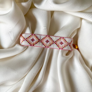 Handmade Beaded Bracelet-White, Pink & Gold Geometric Pattern