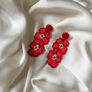 Handmade Beaded Earrings-Red Floral Design